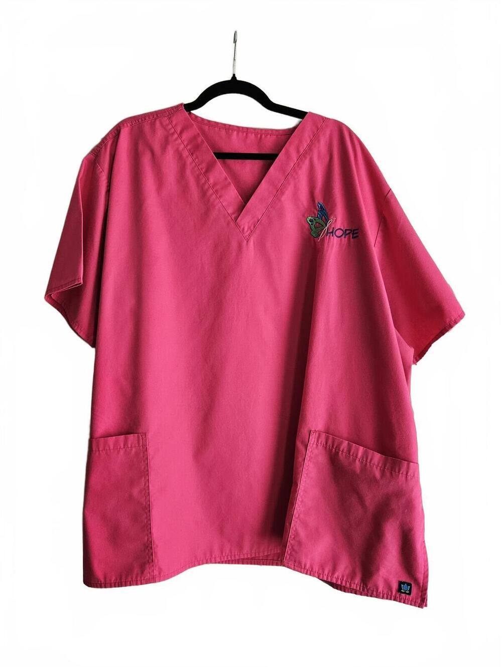 Pink V-Neck Medical Scrub Top with Hope Embroidery Size 4X